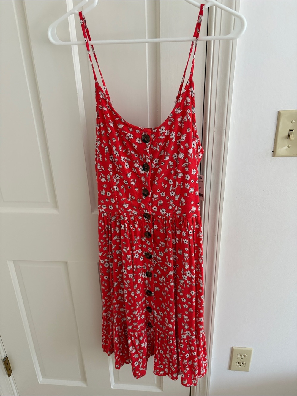 Red Floral Spaghetti-Strap Button Front Sundress